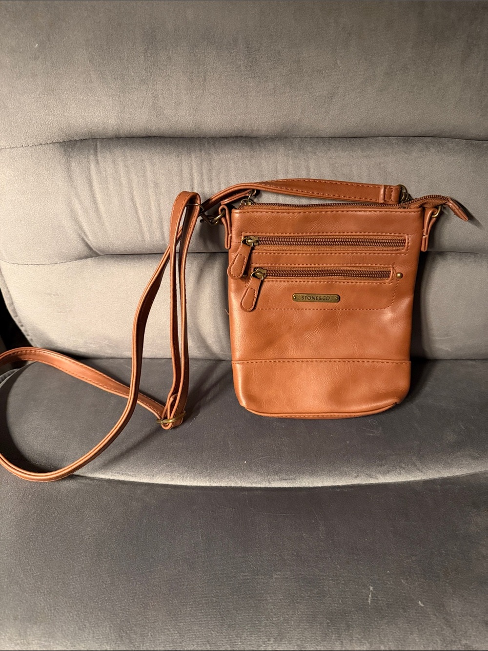 Stone & Co. Cognac Brown Crossbody Bag with Front Zip Pockets